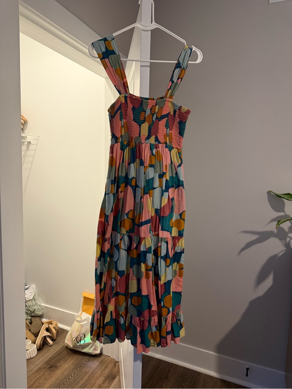 THML Multicolor Tiered Midi Dress in Pink, Teal & Mustard